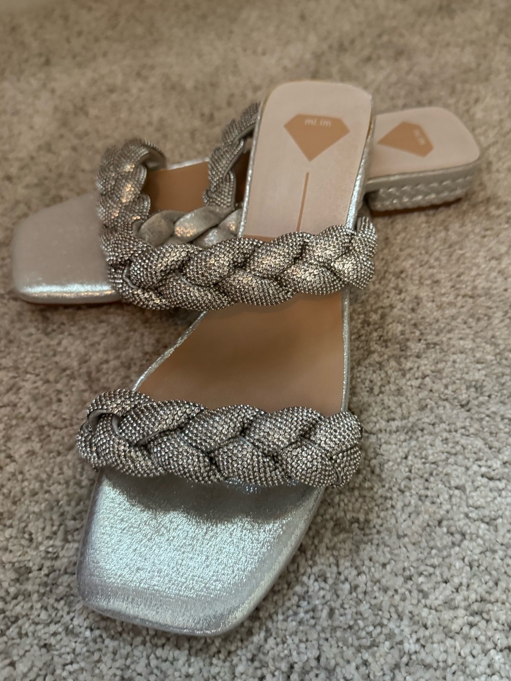 Mi.iM Metallic Silver Rhinestone Braided Slide Mules 9